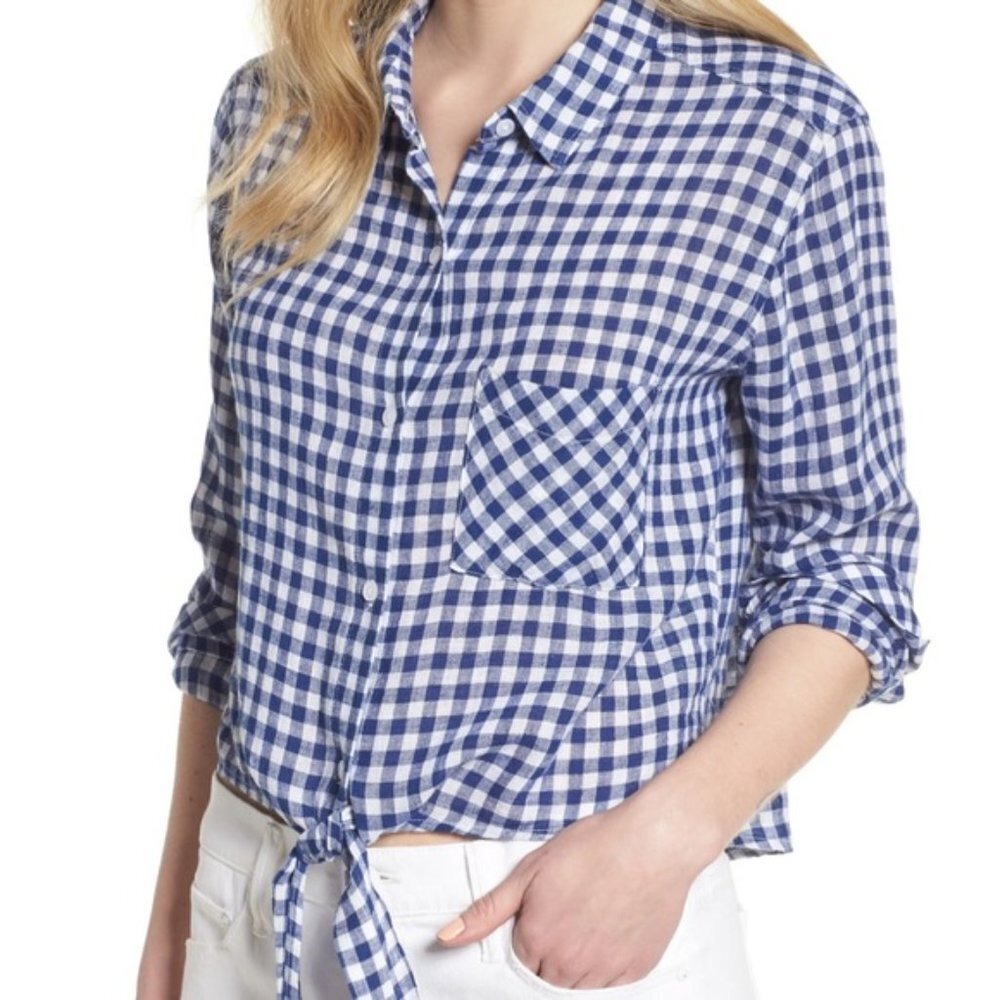 Rails Womens Blue White Gingham Tie Front Button Down Shirt XS Cropped Long Slv - Picture 12 of 12